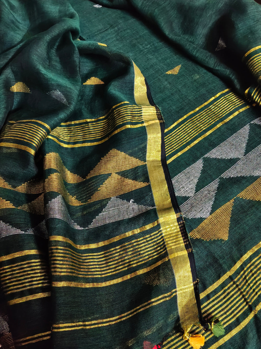 Handwoven linen 2-piece suit fabric in deep green – inverted triangle woven pattern, unstitched Indian handloom set