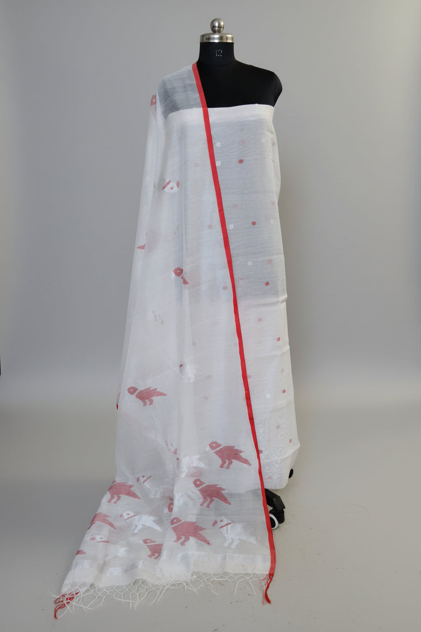 Handwoven Bengal Muslin Jamdani Suit Fabric in White and Red – Bird of Paradise Motif, 2-Piece Unstitched Set