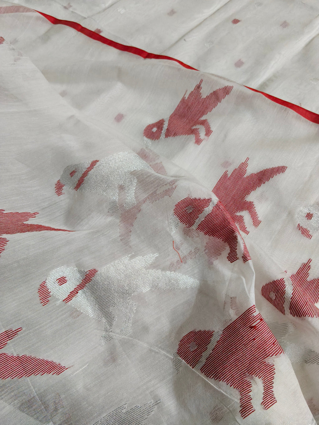 White Red Jamdani Handloom Fabric Close-Up – Bird of Paradise Weave Detail, Indian Handloom