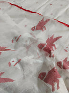 White Red Jamdani Handloom Fabric Close-Up – Bird of Paradise Weave Detail, Indian Handloom
