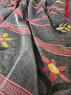 Handwoven Jamdani dupatta detail – grey base with multicolor woven floral pattern, Indian handloom