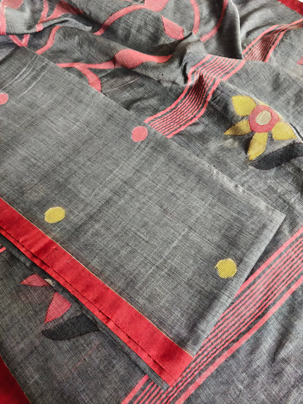 Indian handloom Jamdani 2-piece unstitched set – grey and multicolor polka dot pattern, flat lay