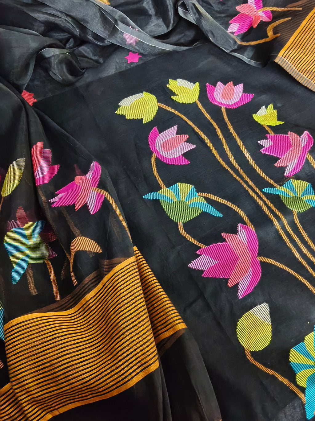 Handwoven Bengal Muslin Jamdani 2-piece unstitched set – black base with multicolor star weave, close-up