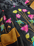 Handwoven Bengal Muslin Jamdani 2-piece unstitched set – black base with multicolor star weave, close-up