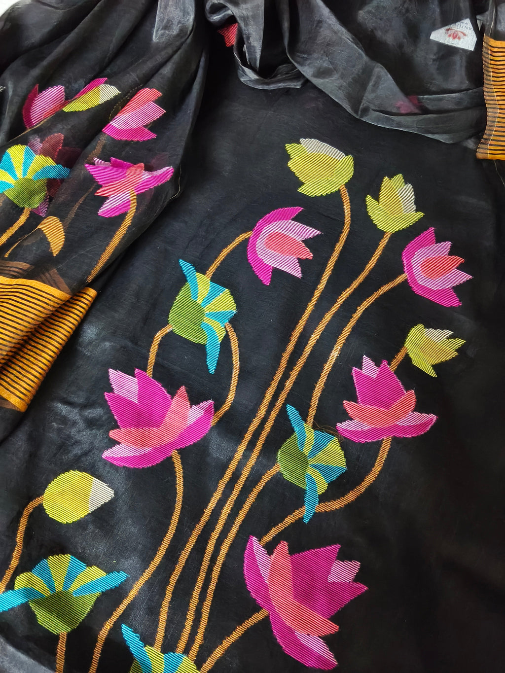 Midnight black Bengal Muslin Jamdani unstitched suit – multicolor woven star design, flat lay detail