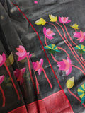 Charcoal Bengal Muslin Jamdani unstitched suit – multicolor woven star design, front drape portrait
