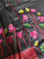 Charcoal Bengal Muslin Jamdani unstitched suit – multicolor woven star design, front drape portrait