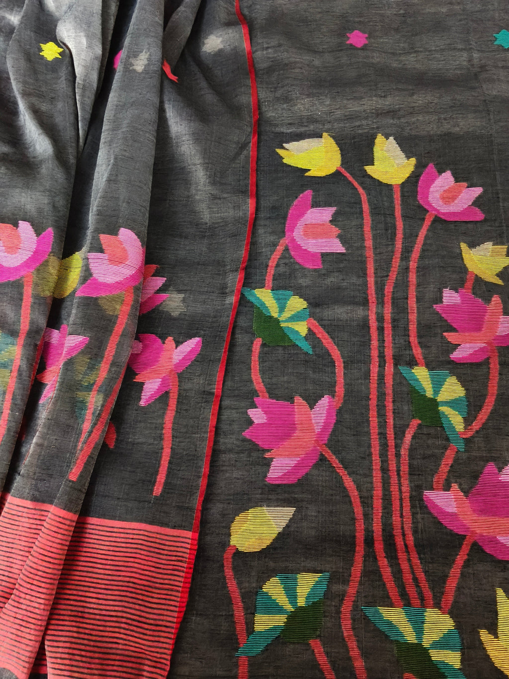 Handwoven Bengal Muslin Jamdani 2-piece unstitched set – charcoal base with multicolor star weave, flat lay