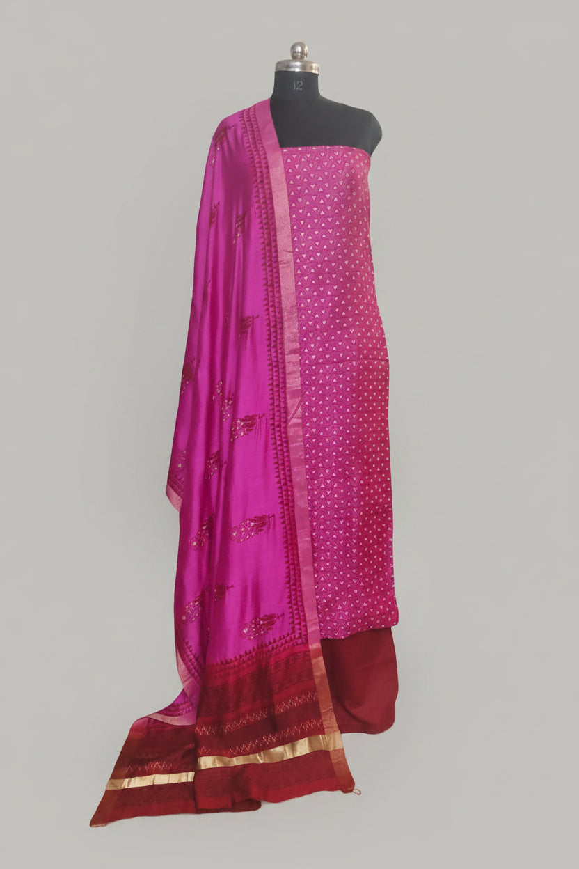 Maheshwari Silk 3-Piece Unstitched Suit Set in Pink and Red – Front View