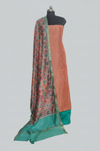 Maheshwari Silk 3-Piece Unstitched Suit Set in Orange and Green - Front View