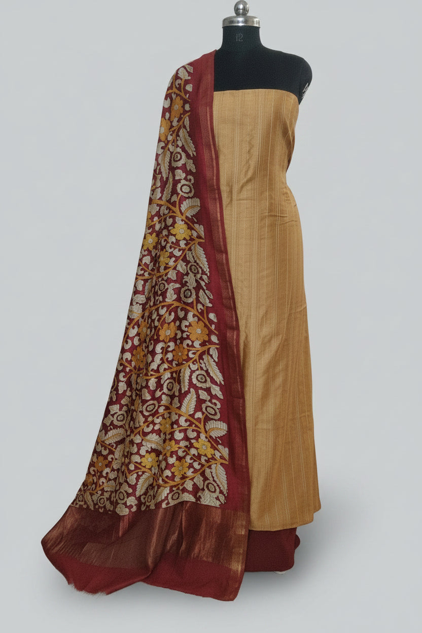 Mustard Chanderi Silk kurta with Tagai work and Red Kalamkari dupatta – Tantuvanacrafts