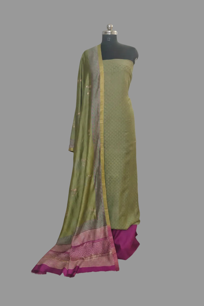 Maheshwari silk 3-piece unstitched suit set in green and purple – front view