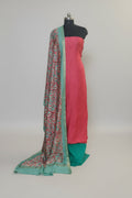 Maheshwari Silk 3-Piece Unstitched Suit Set in Crimson Red and Emerald Green with Kalamkari Dupatta – SKU 1144 | Tantuvanacrafts