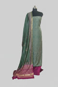 Maheshwari silk 3-piece unstitched suit set in light forest green and purple – front view