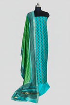 Maheshwari Silk 3-Piece Unstitched Suit Set in Teal Blue and Green – Front View