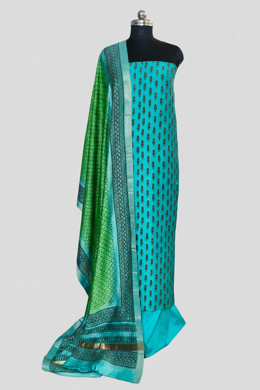 Maheshwari Silk 3-Piece Unstitched Suit Set in Teal Blue and Green – Front View