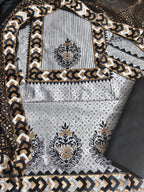Unstitched cotton silk suit set in grey and black with dupatta – full view