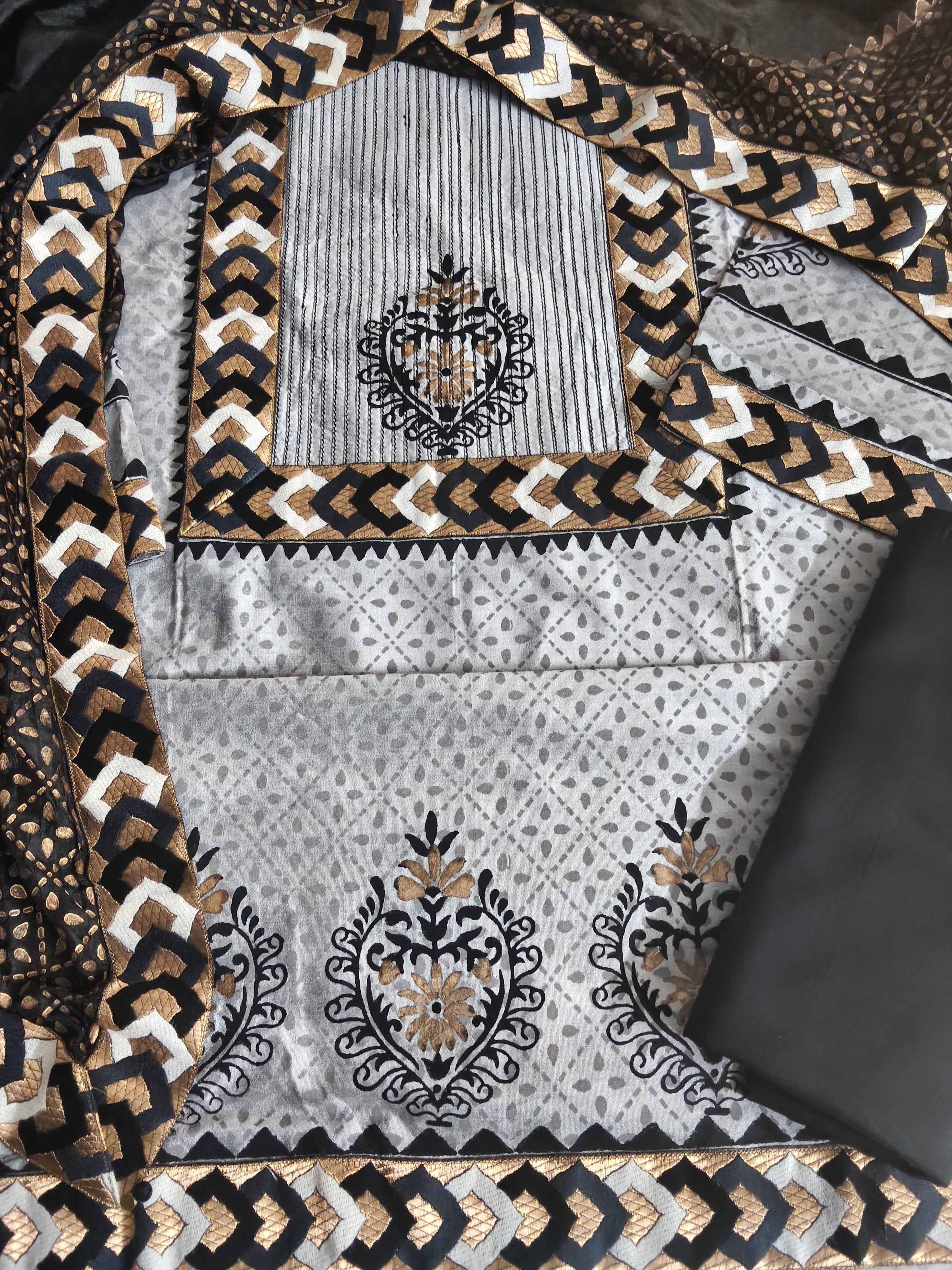 Unstitched cotton silk suit set in grey and black with dupatta – full view