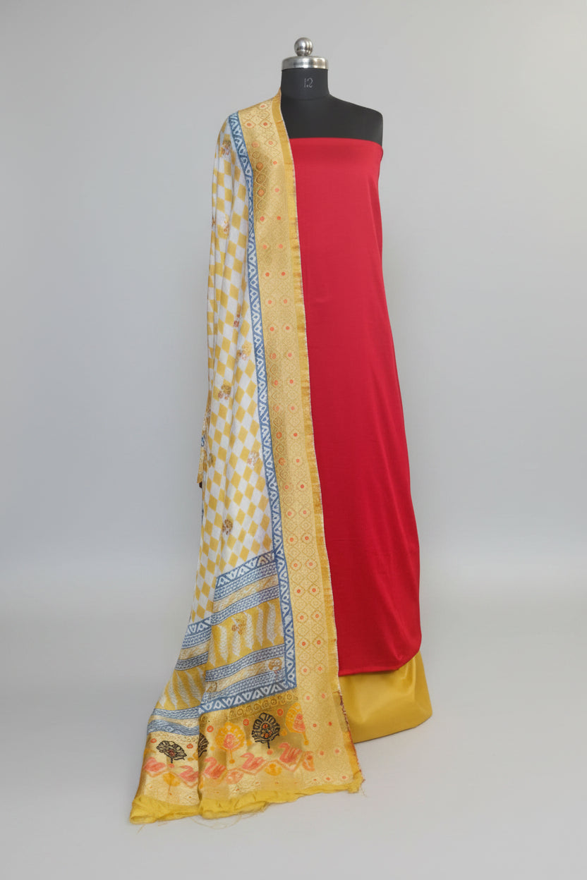 Exquisite 3-piece festive unstitched suit set in Red & Yellow Dola Silk — Indian handloom dress material SKU 1239