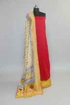 Exquisite 3-piece festive unstitched suit set in Red & Yellow Dola Silk — Indian handloom dress material SKU 1239
