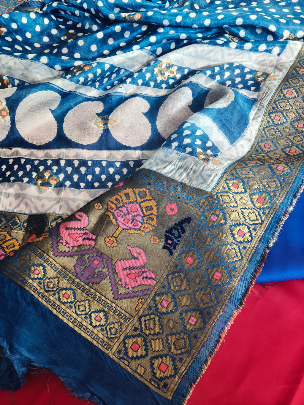 Heavy Brocade Pallu with golden Zari border on Dola Silk dupatta — Indian handloom festive suit set SKU 1238