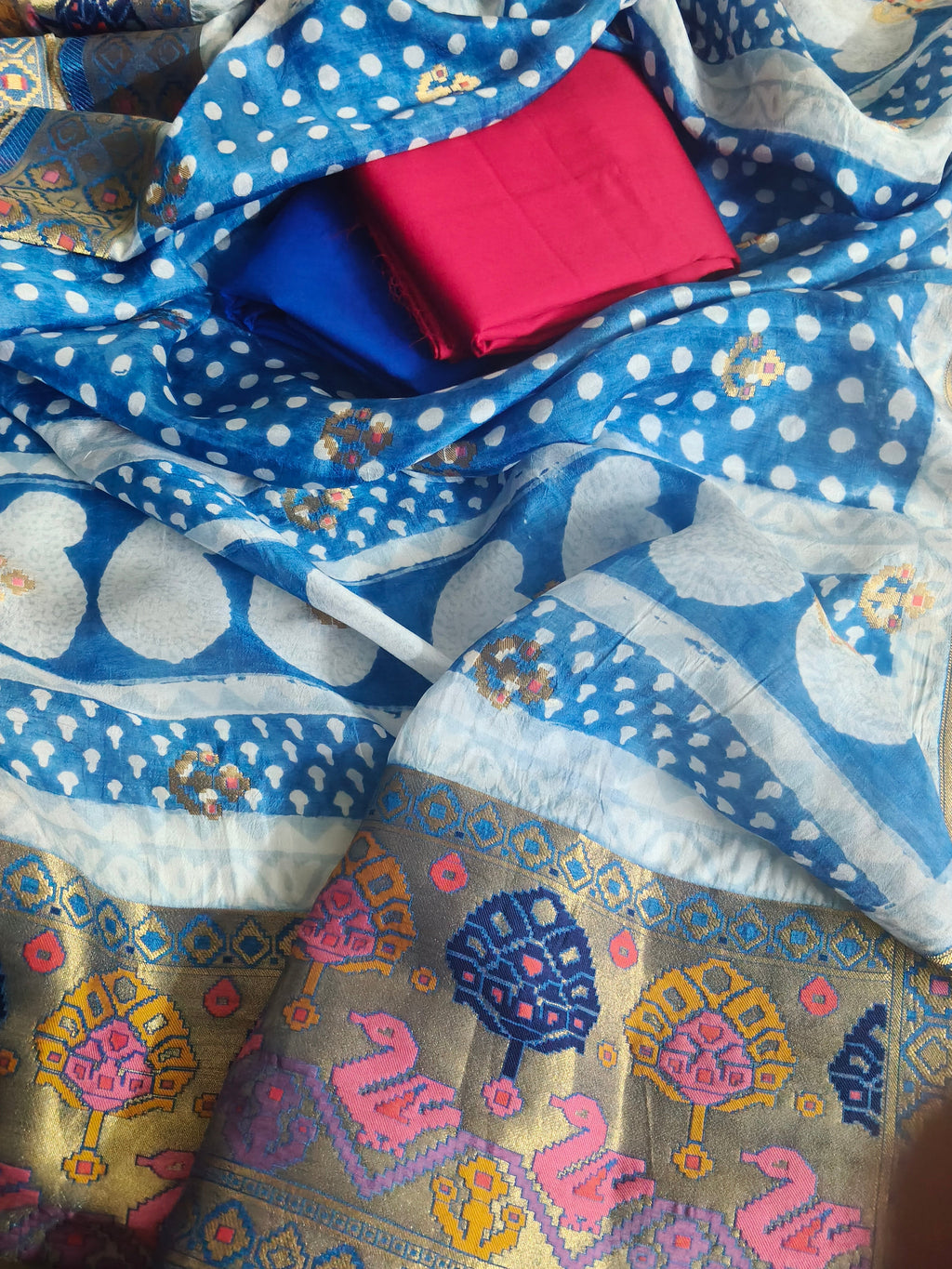 Golden Zari Buti motifs on Royal Blue Dola Silk dupatta — Bagh print Indian handloom unstitched suit SKU 1238