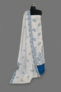 Cream and blue scalloped handloom cotton unstitched suit set with embroidered dupatta – SKU 1076
