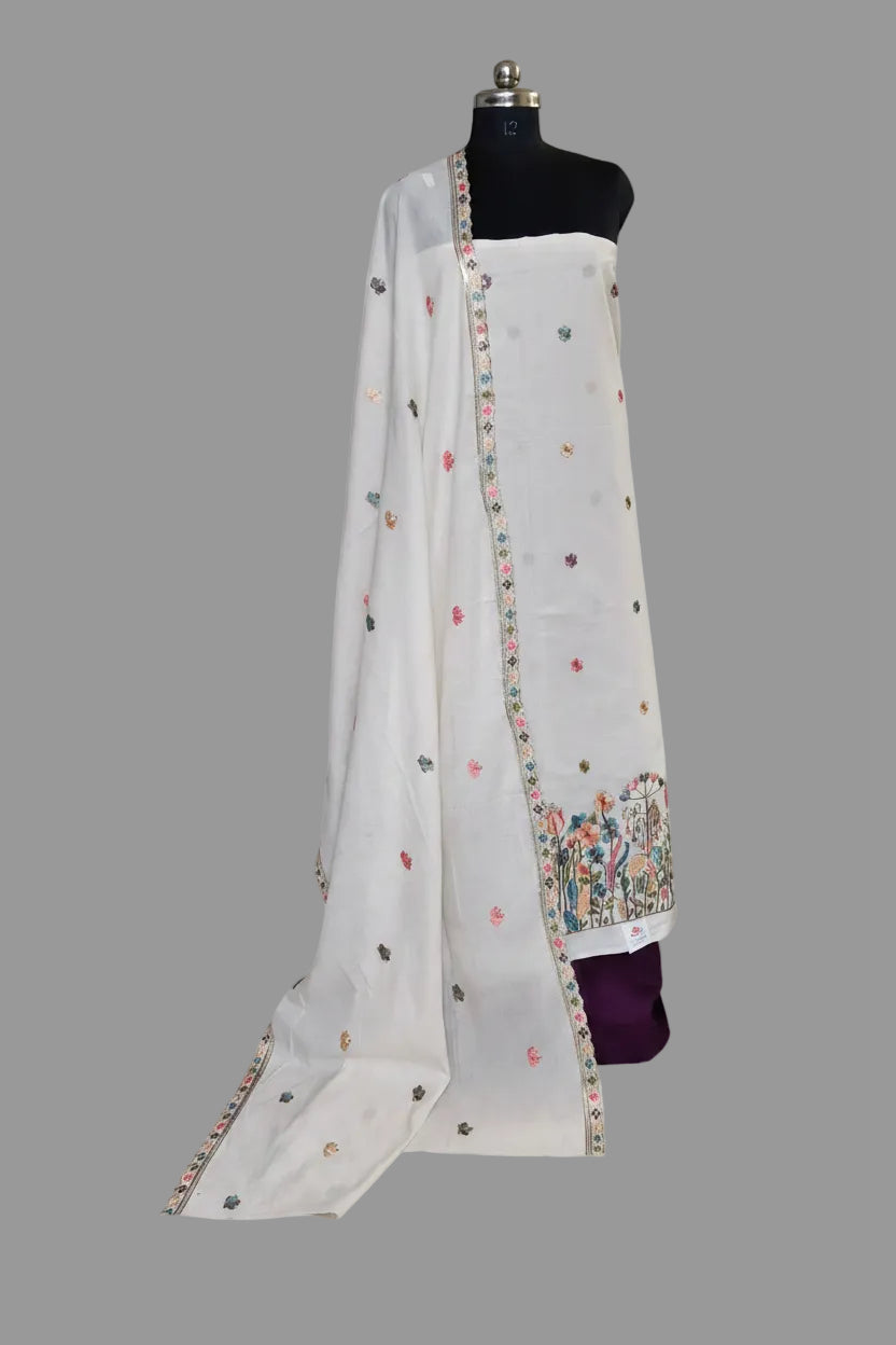 Cream and purple embroidered cotton suit set with dupatta – front view - SKU 1233