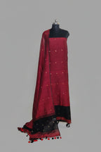 Maroon & Black Handwoven Linen Unstitched Set – Full Drape View