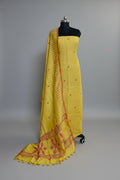 Handwoven 60 Lea linen unstitched suit fabric in lime yellow and red with all-over woven motifs – Indian handloom, 2-piece set