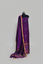 Handwoven 60 Lea Linen Jamdani 2-pc unstitched suit in deep purple with silver and gold star motifs – Indian handloom