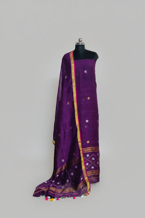 Handwoven 60 Lea Linen Jamdani 2-pc unstitched suit in deep purple with silver and gold star motifs – Indian handloom