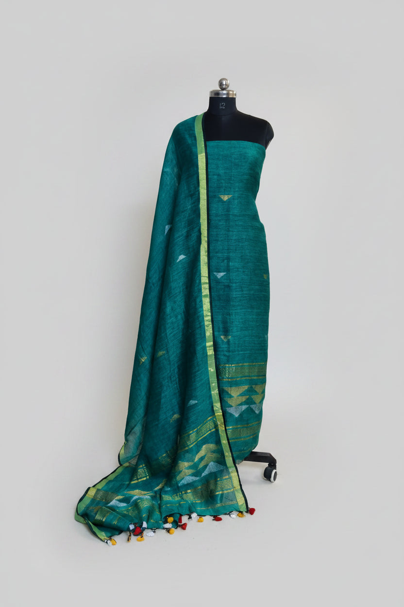Handwoven 60 Lea linen unstitched suit fabric in teal green with inverted triangle motifs – Indian handloom, 2-piece set
