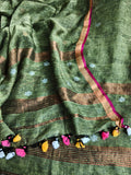 Flat Lay of 2-Piece Unstitched Suit - Mehandi Green Linen Top & Dupatta with Hand-Knotted Tassels