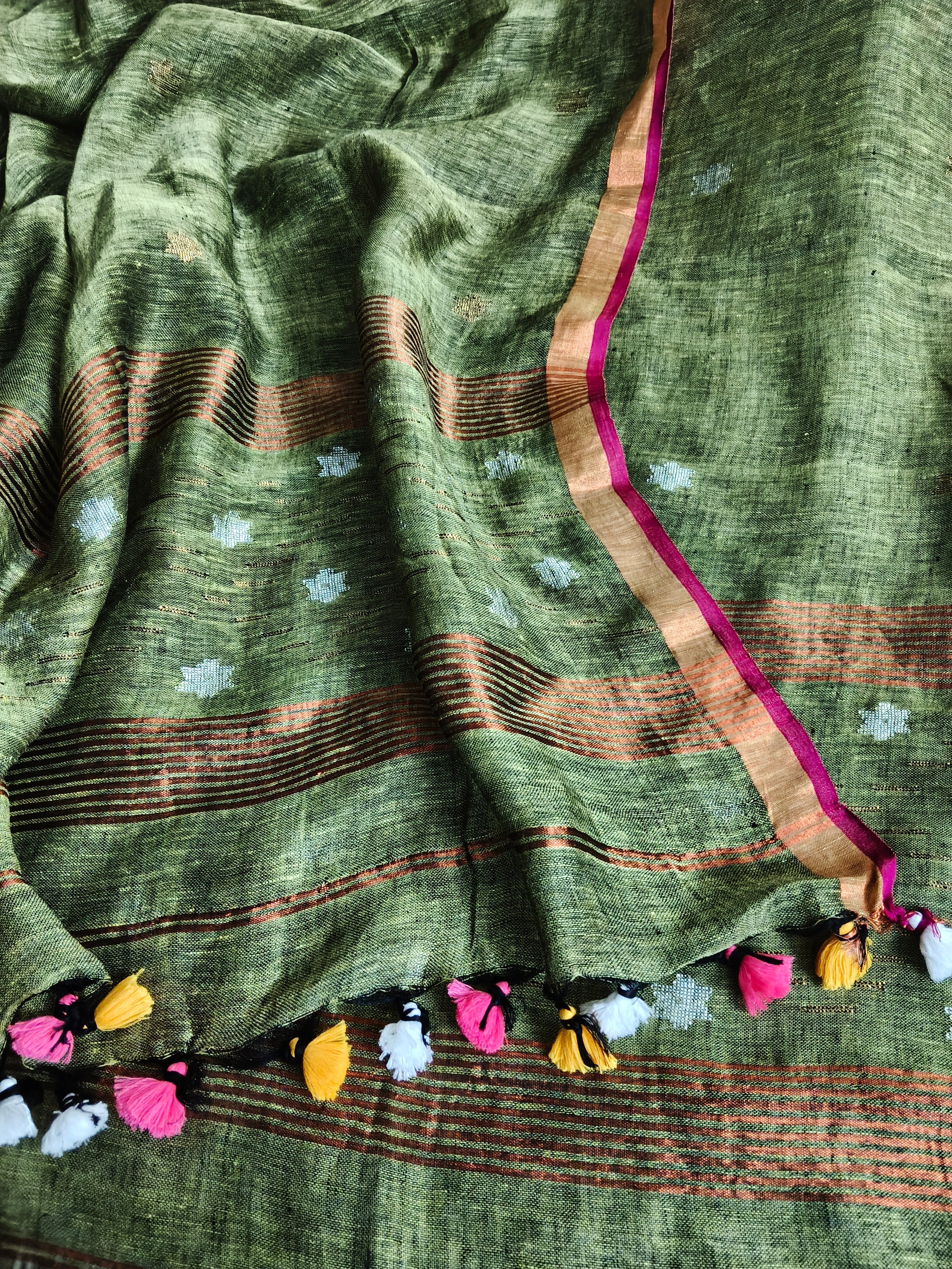 Flat Lay of 2-Piece Unstitched Suit - Mehandi Green Linen Top & Dupatta with Hand-Knotted Tassels