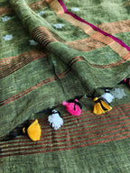 Close-up of Silver & Bronze Star Motifs Woven on Mehandi Green 60 Lea Linen Fabric - Indian Handloom
