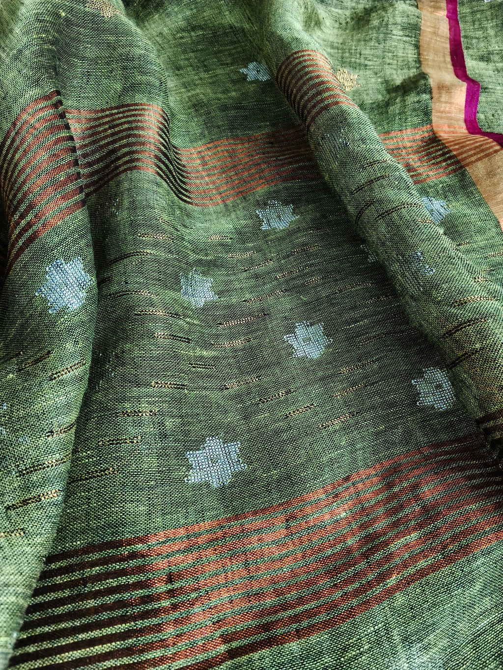 Detail of Jamdani Daman Border with Metallic Weaving on Mehandi Green Linen Kurta Fabric