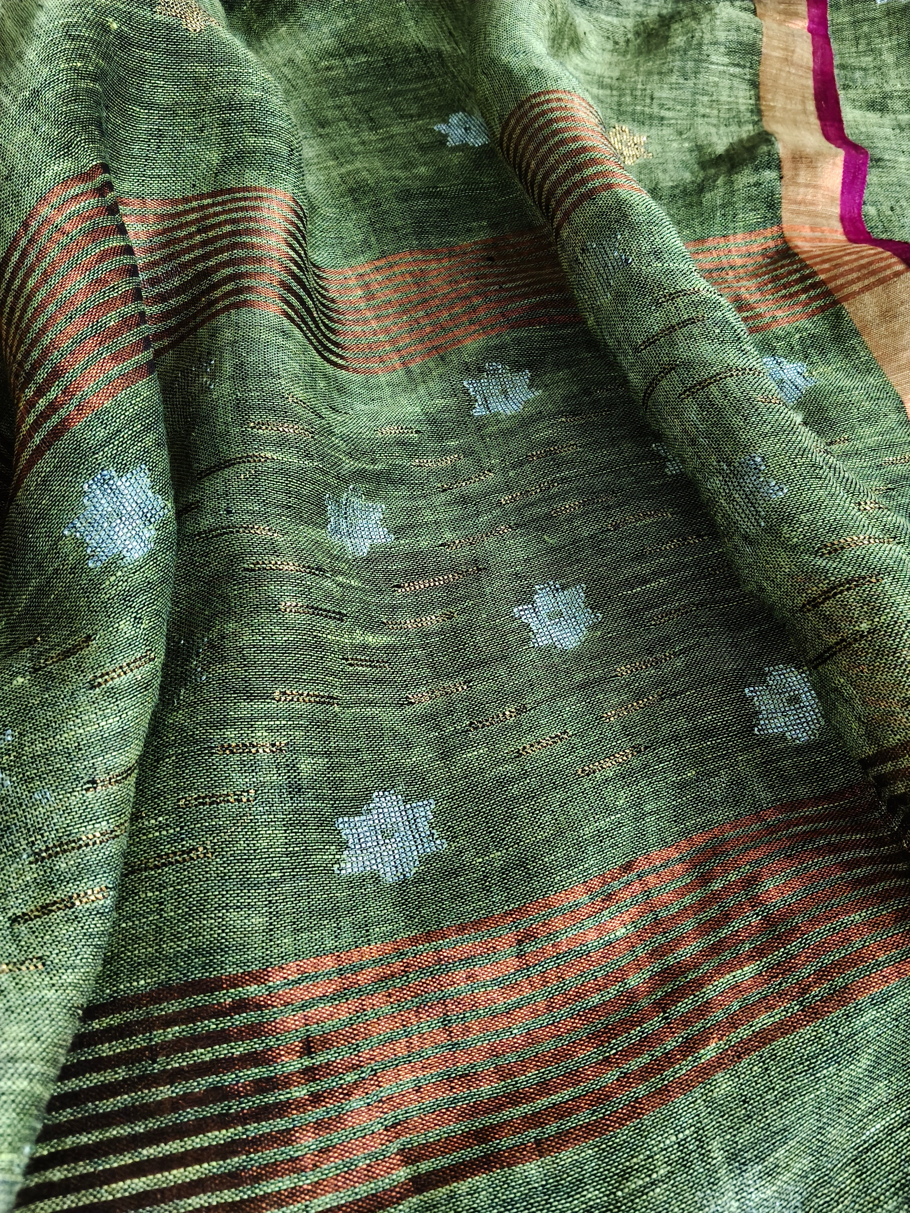 Detail of Jamdani Daman Border with Metallic Weaving on Mehandi Green Linen Kurta Fabric