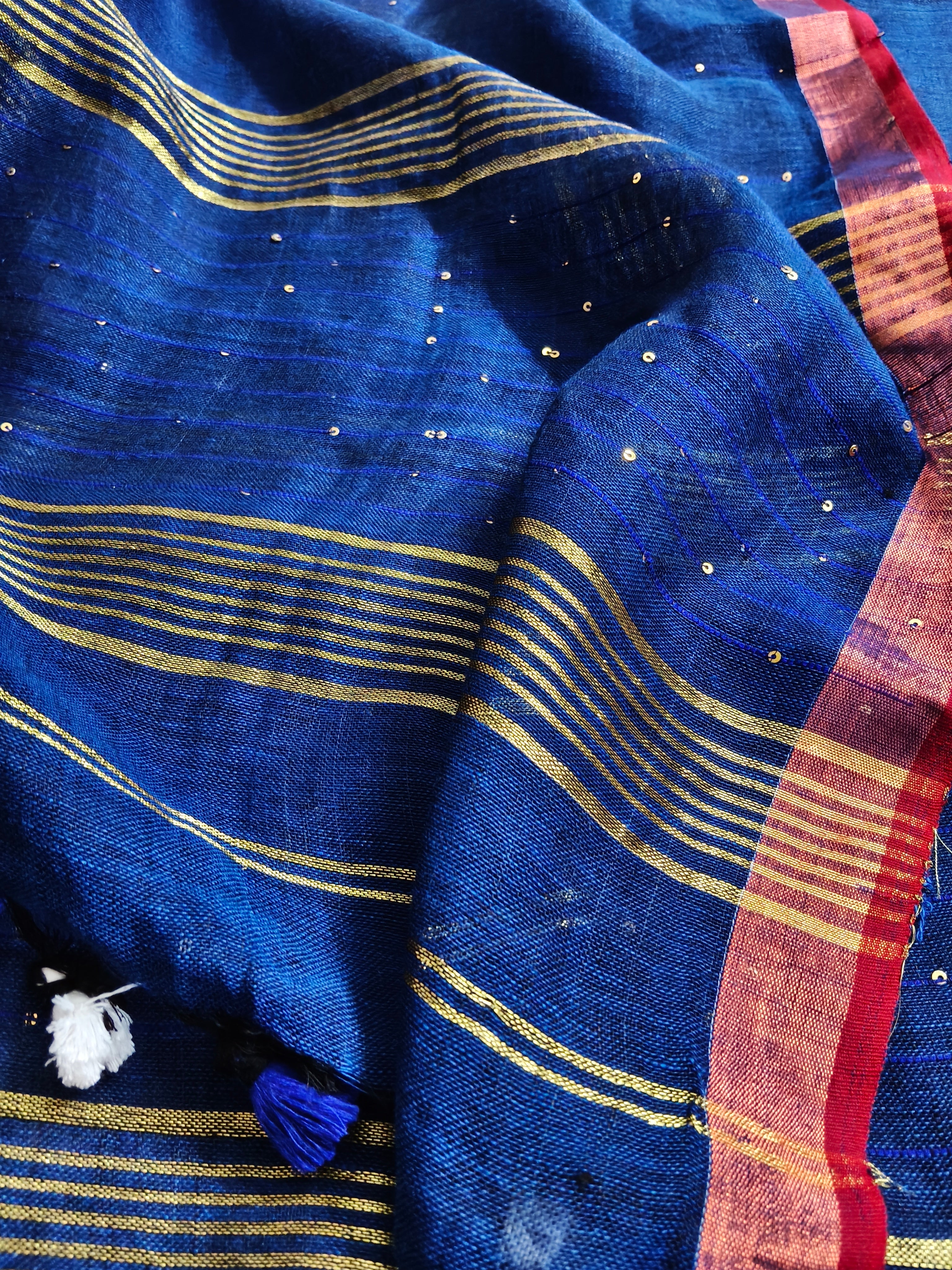 Close-up of Sequin Embroidery on Daman of Royal Blue 60 Lea Linen Kurta Fabric
