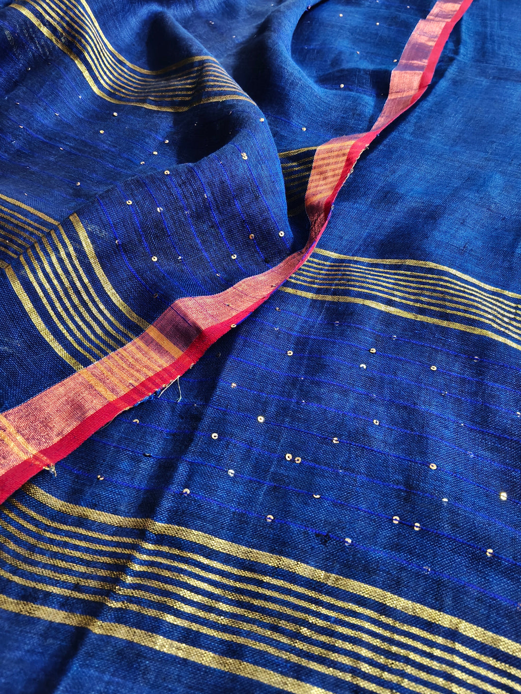 Flat Lay of Royal Blue Linen 2-Piece Unstitched Suit - Top & Sequin Dupatta, 2.5 mts each