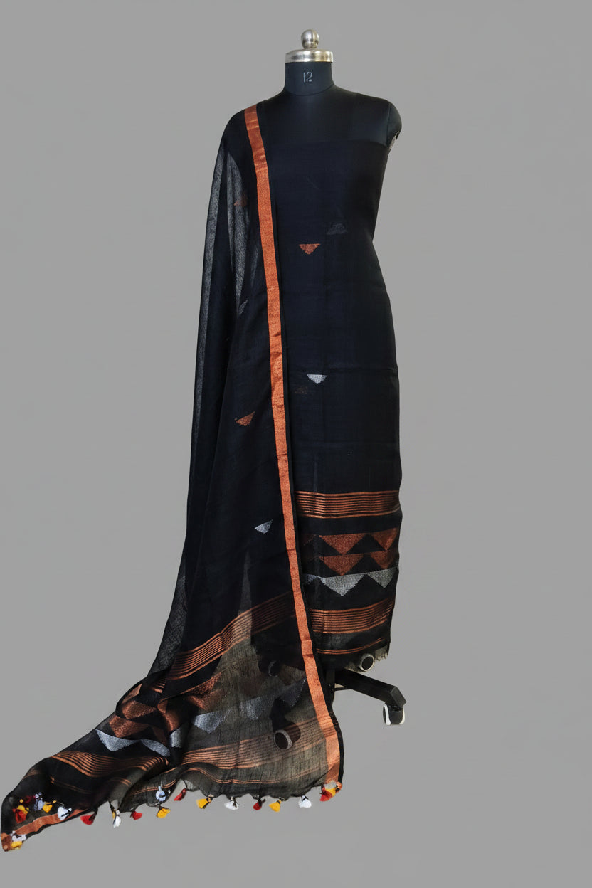 Handwoven 60 Lea linen unstitched suit fabric in black with inverted triangle Zari motifs – Indian handloom, 2-piece set