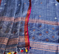 Chambray blue Jamdani linen suit fabric – close-up of handwoven silver and bronze metallic star pattern, 2-pc unstitched set