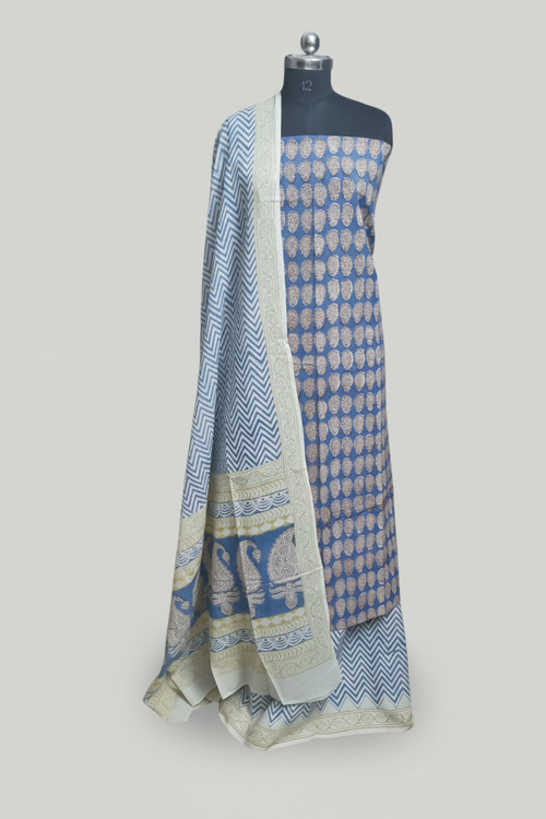 Cotton Bagh Block Print Unstitched Suit – Blue & Yellow Handloom, 3-Piece Set