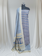 Cotton Bagh Print Suit – Studio Shot – Zigzag Dupatta – Blue & Yellow – Tantuvanacrafts