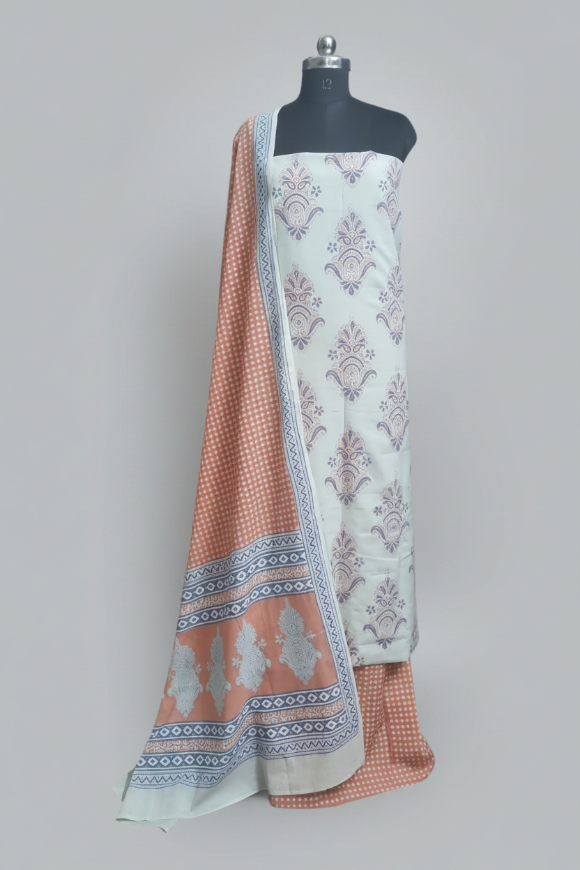 	Cotton Bagh Block Print Unstitched Suit – Orange & Blue – Tantuvanacrafts