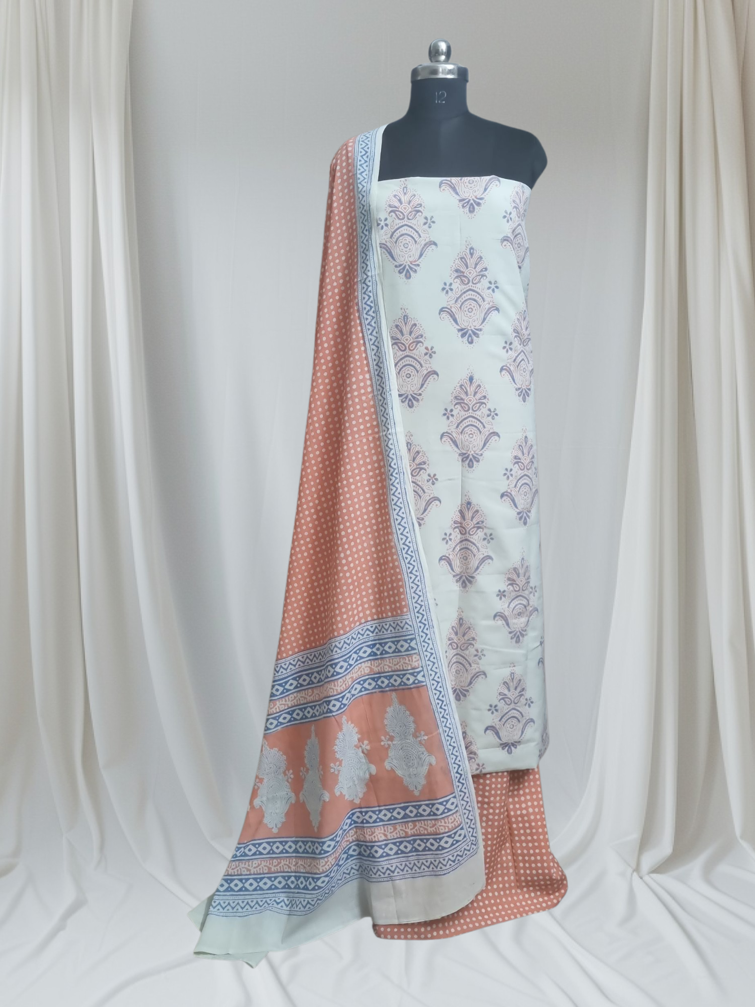 	Cotton Bagh Print Suit – Studio Shot – Orange & Blue – Tantuvanacrafts