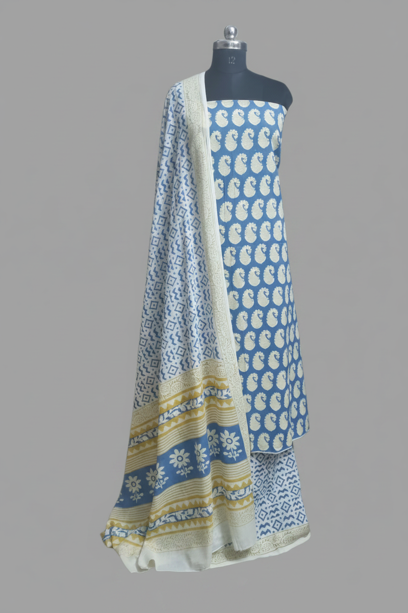 Cotton Bagh Block Print Unstitched Suit – Blue & Yellow – Tantuvanacrafts