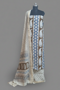Chanderi Silk Bagh Block Print Unstitched Suit – Cream, Brown & Blue – Tantuvanacrafts