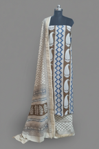 Chanderi Silk Bagh Block Print Unstitched Suit – Cream, Brown & Blue – Tantuvanacrafts