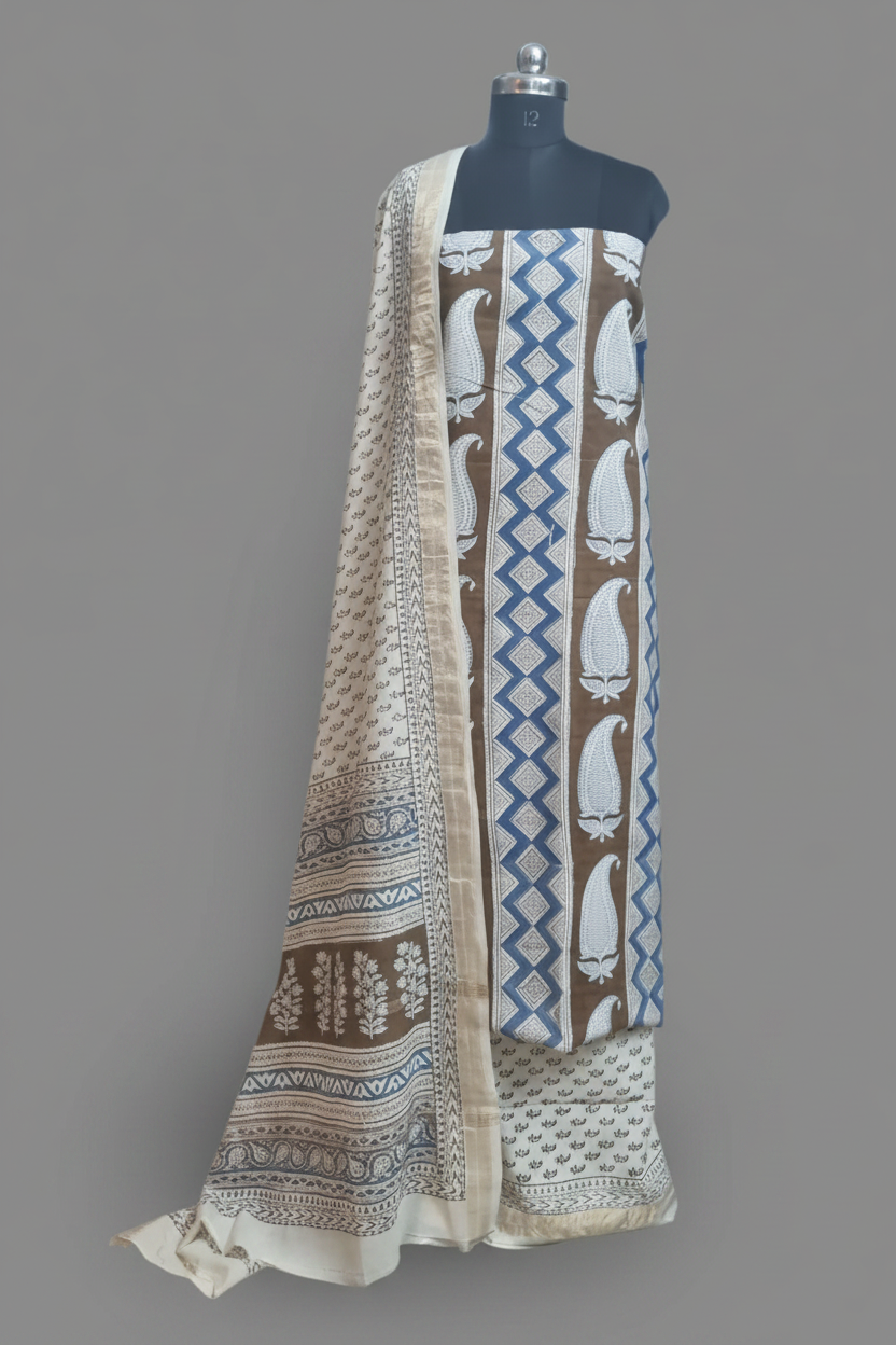 Chanderi Silk Bagh Block Print Unstitched Suit – Cream, Brown & Blue – Tantuvanacrafts